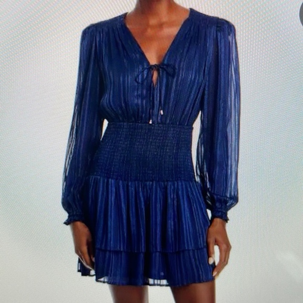 Aqua Navy Long-Sleeve Smocked Waist Tiered Mini Dress